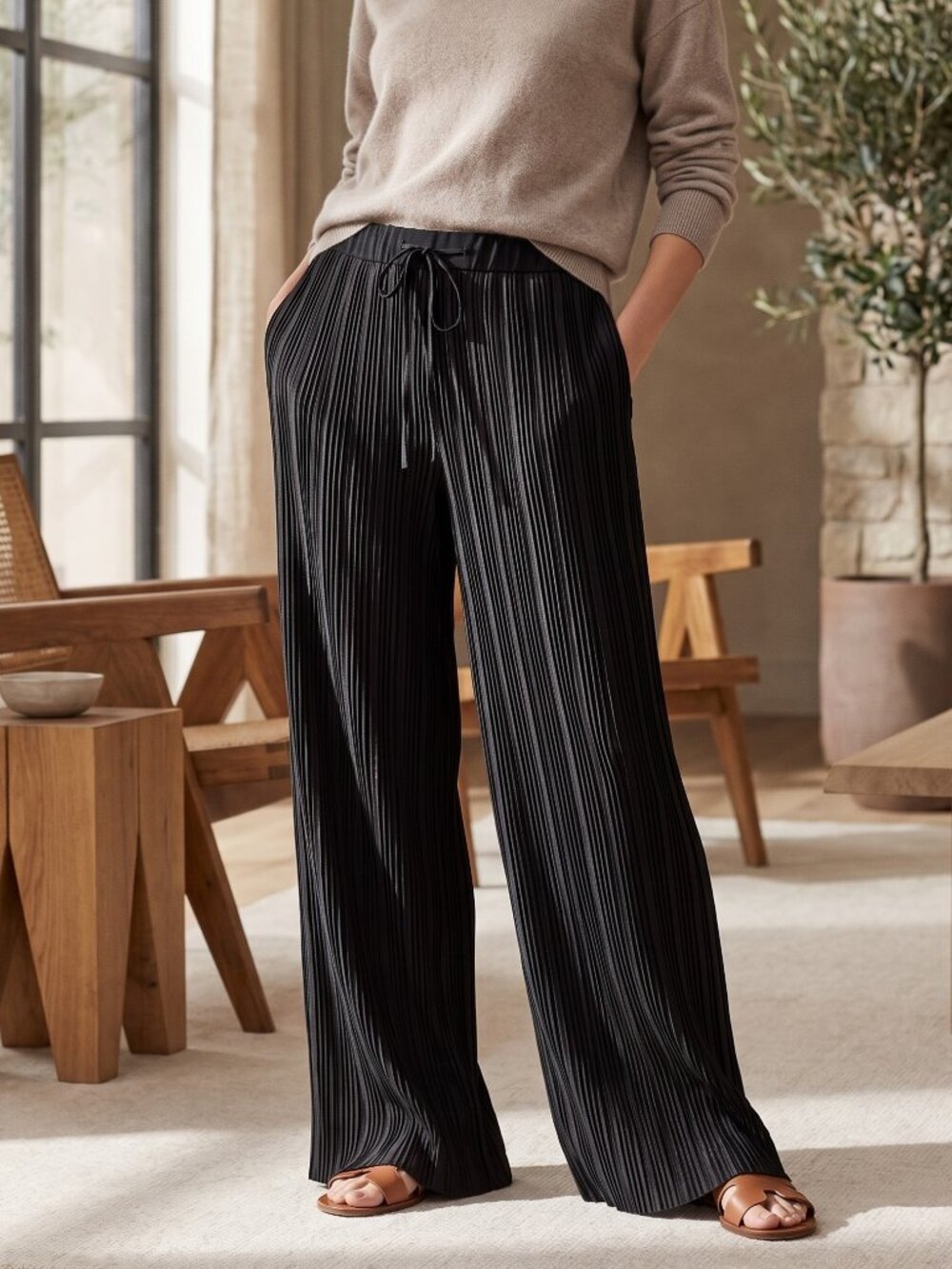 Theory Tralpin Pleated Draped Wide Leg Pants Drawstring Trouser Black 2 4 $355